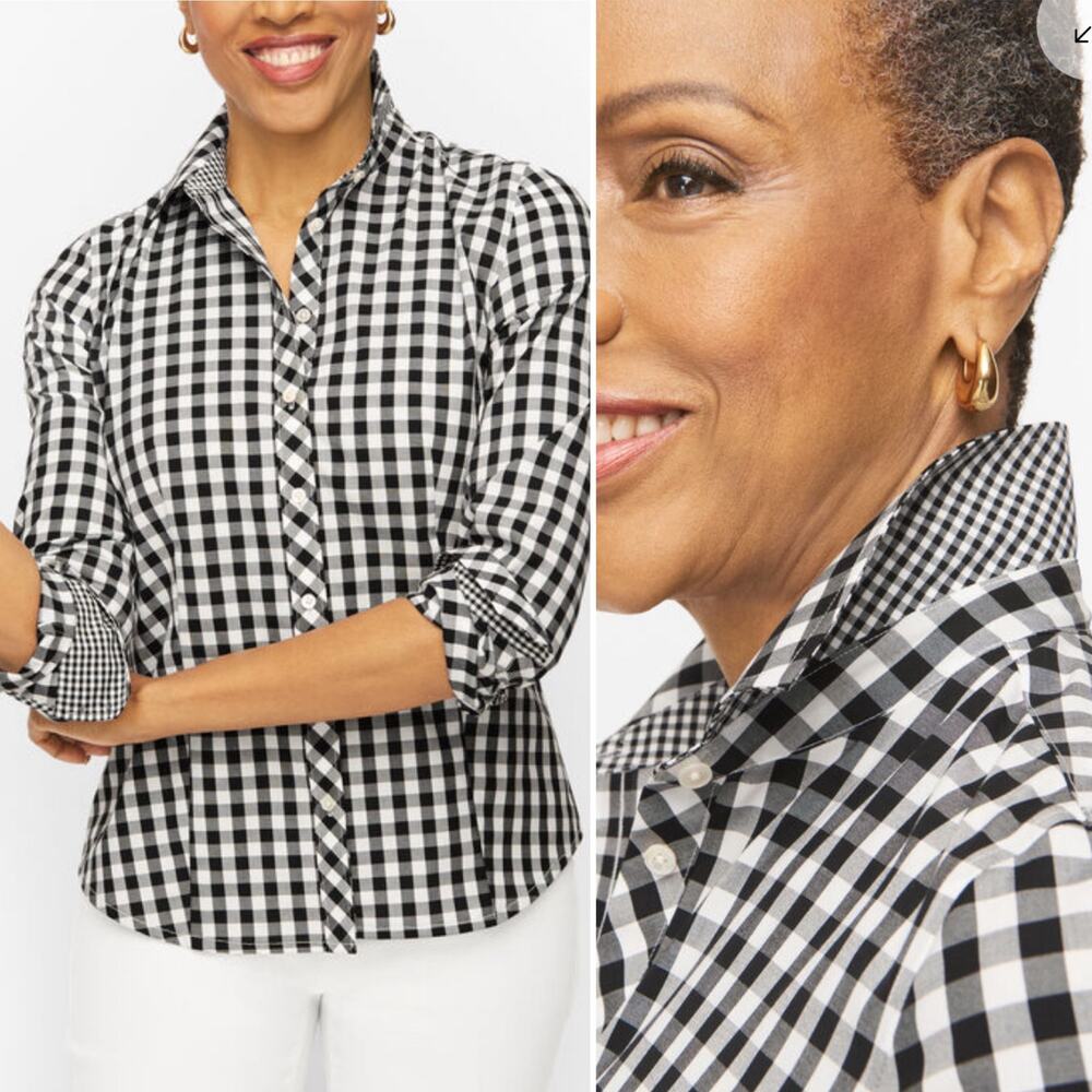 Talbots 14W‎ Mixed Gingham Perfect Shirt Black & White No-Iron Button-Up Chic
